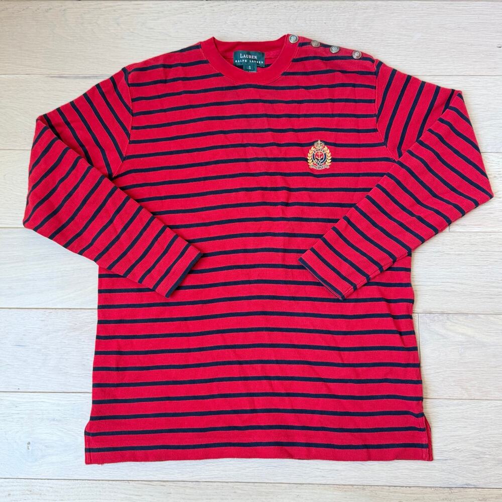 Vintage Lauren Ralph Lauren Striped Cotton Crew Neck Anchor Crest Sweater Small